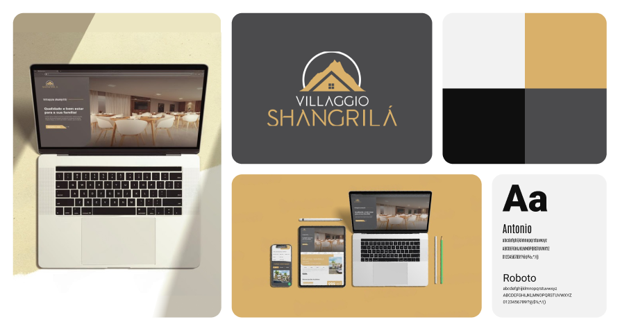 Banner de projeto para marca villagio shangrilá, contendo a logo da marca, mockups de computadores e a palheta de cores