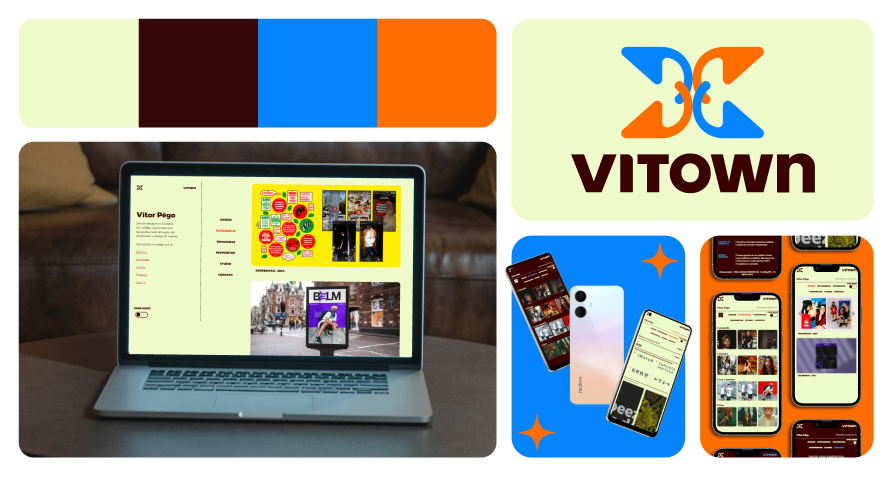 Banner de projeto para marca vitor (v1town), contendo a logo da marca, mockups de computadores e a palheta de cores